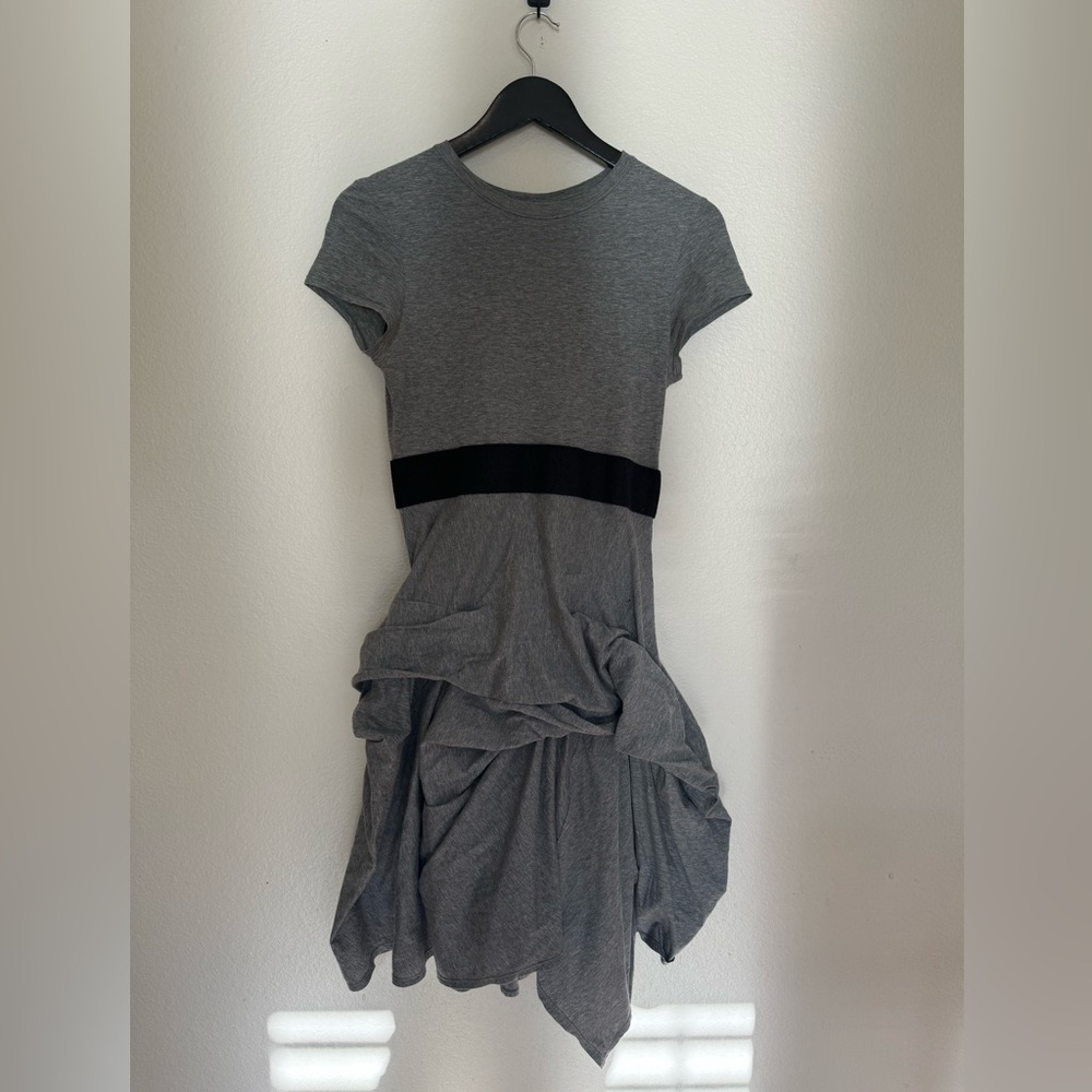 Morgane Le Fay Gray Short Sleeve Draped Dress with Black Waist Band